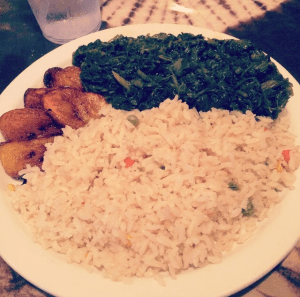 Bennachins French Quarter African Restaurant Jama Jama sautéed spinach, ripe plantains and coconut rice